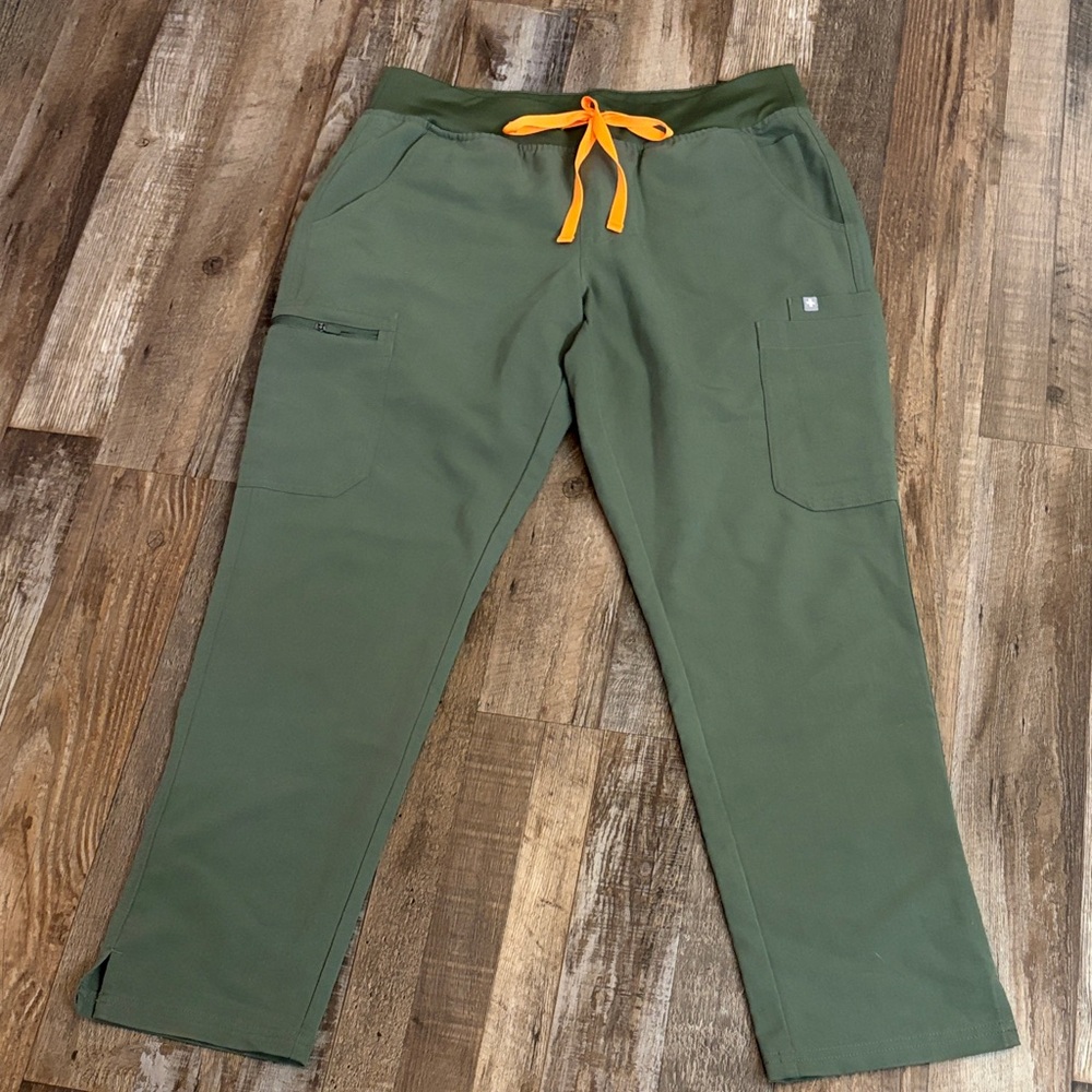 Figs Olive Green Straight Leg Scrub Pants with Orange Drawstring